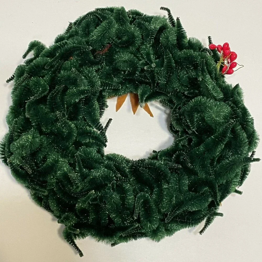 vintage green chenile christmas wreath Decor Gold bows berries